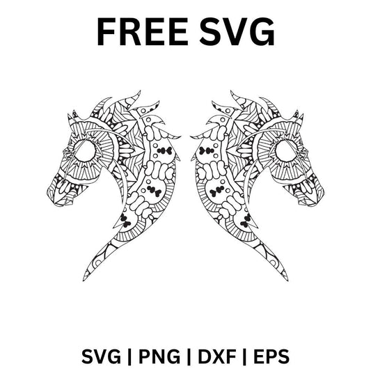 Two mirrored horse heads facing away from each other drawn in black line art with mandala flowers and swirl patterns, free twin horse heads SVG cut file preview.
