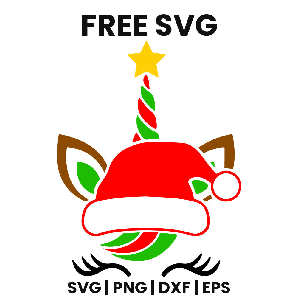 Unicorn Face Santa Hat Star SVG Free – Candy Cane Horn Design-8SVG