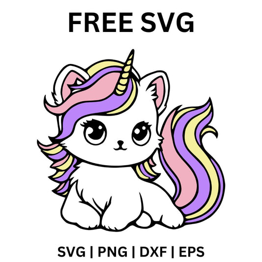 Cute white kitten with a gold unicorn horn and a flowing pink, purple and yellow mane and tail, free unicorn kitty SVG cut file preview.