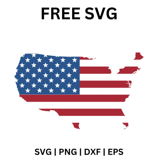United States map outline filled with American flag stripes and a navy star field in the upper left, free USA flag map SVG cut file preview.