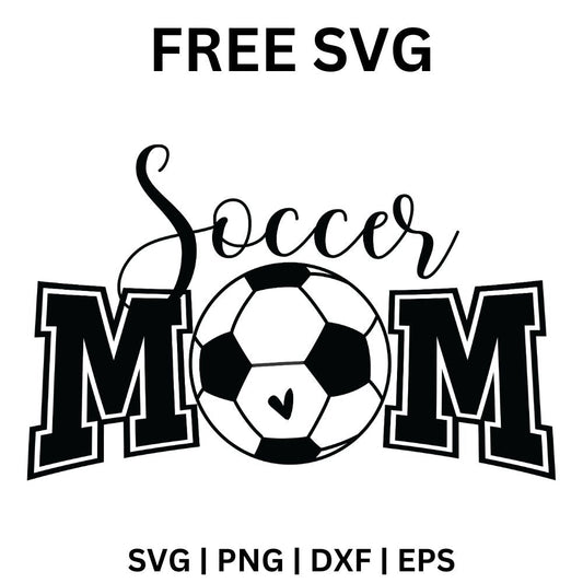 Script Soccer word above outlined varsity Mom letters with a soccer ball as the O and a small heart, free soccer mom SVG cut file preview.