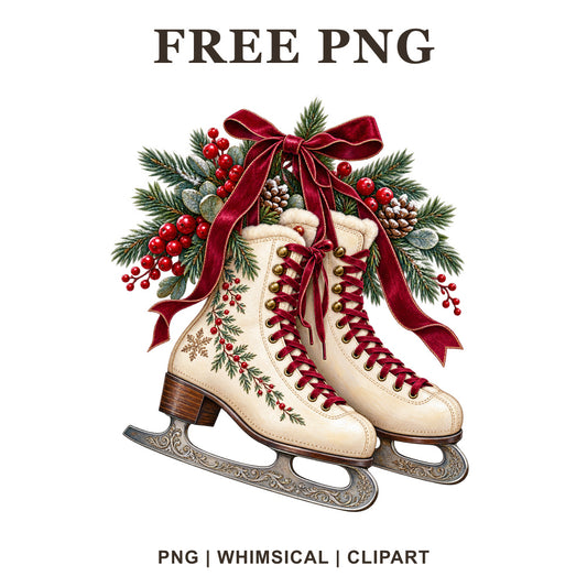 Vintage cream ice skates with red laces, a satin bow, holly berries and pine branches, free Christmas ice skate PNG