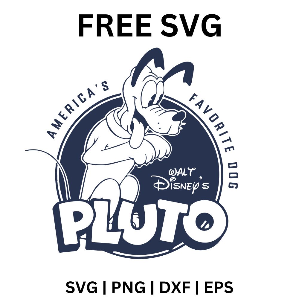 Vintage navy circle badge of a happy cartoon dog with the words America's Favorite Dog around it, free patriotic cartoon dog SVG cut file preview.