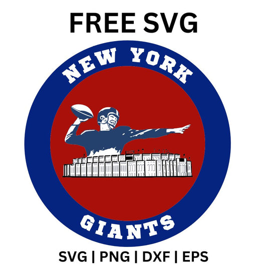 Vintage blue and red round badge with a quarterback throwing above a city stadium skyline and curved lettering, free throwback football SVG cut file preview.