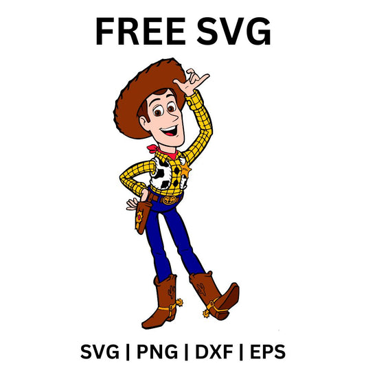 Cartoon cowboy doll in a brown hat, yellow plaid shirt and cow print vest waving hello in blue jeans and boots, free waving cowboy SVG cut file preview.