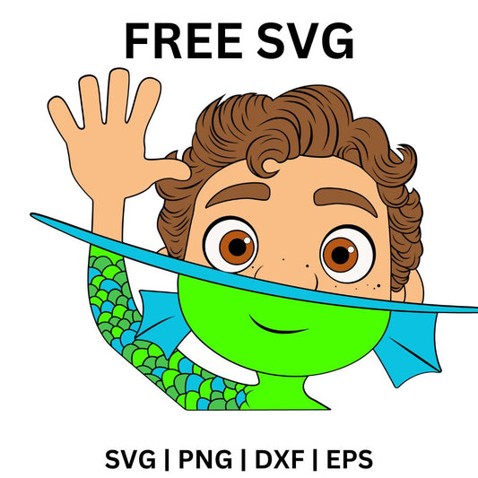 Happy cartoon boy with curly hair waving one hand while his lower body turns into green scaly sea monster skin, free sea monster boy SVG cut file preview.
