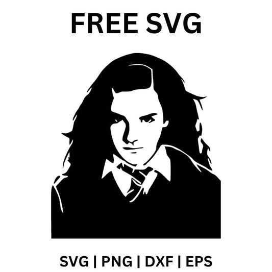 Black and white stencil portrait of a determined girl with long wavy hair wearing a school robe, shirt collar and striped tie, free magic school girl SVG cut file preview.