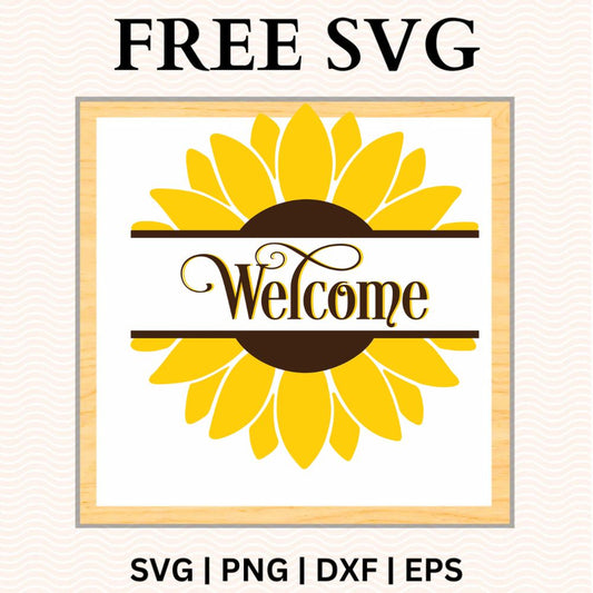 Big yellow sunflower with a brown center split by a band holding brown Welcome script, on a white square sign with a light wood frame, free sunflower welcome SVG cut file preview.