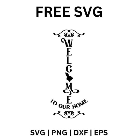 Black vertical porch sign with Welcome spelled top to bottom around a small rabbit, curved to our home text and scrolling flourishes at both ends, free vertical welcome sign SVG cut file preview.