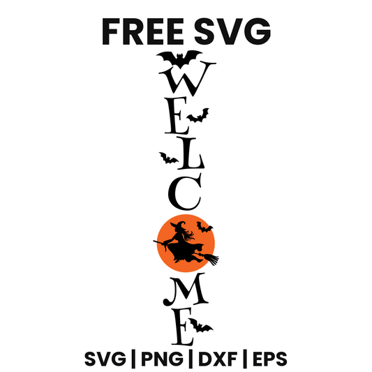 Black vertical porch sign spelling WELCOME in serif letters with flying bats and an orange full moon with a witch on a broom as the O, free Halloween porch sign SVG cut file preview.