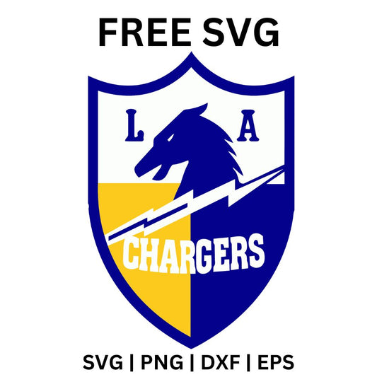 White, blue and gold crest shield with a navy horse head, lightning bolt, LA letters and a blue team banner across the middle, free horse crest shield SVG cut file preview.