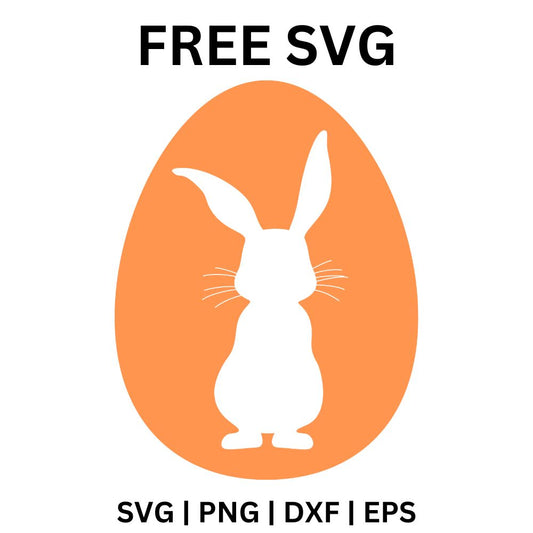 White standing bunny silhouette with whiskers and one bent ear cut out of a solid orange egg, free bunny Easter egg SVG cut file preview.