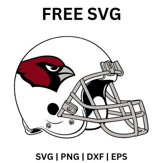 White football helmet with a red cardinal bird head decal and a gray face mask, free cardinal football helmet SVG cut file preview.