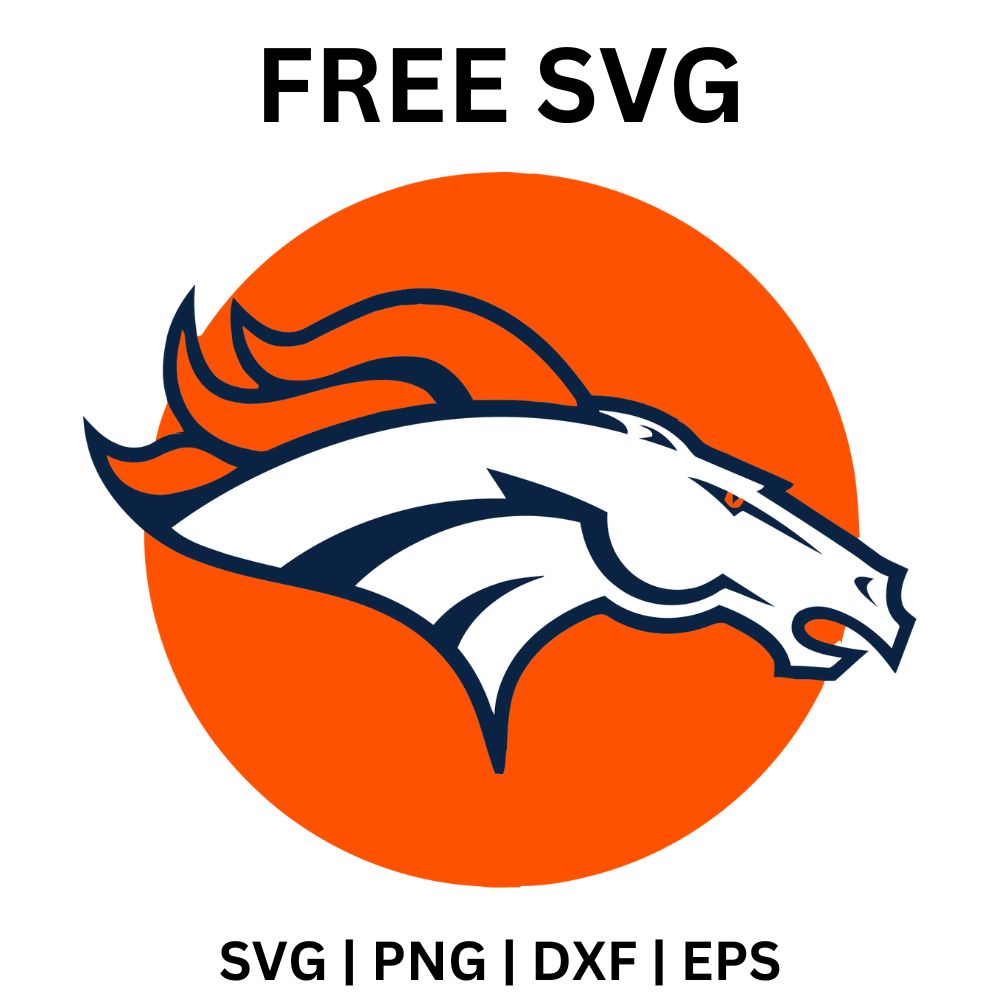 White horse head with a flowing navy and orange mane in profile over a solid orange circle, free horse head emblem SVG cut file preview.