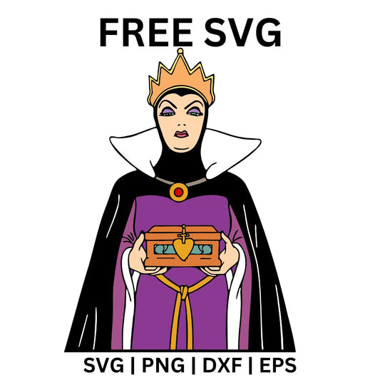 Wicked fairytale queen with a gold crown, tall white collar and purple robe holding an ornate golden box, free fairytale villain queen SVG cut file preview.