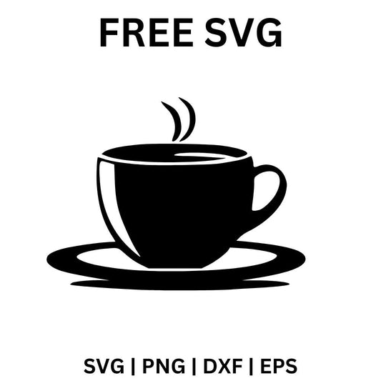 Wide black cup on a curved saucer with two small steam curls rising from the rim, free coffee cup silhouette SVG cut file preview.