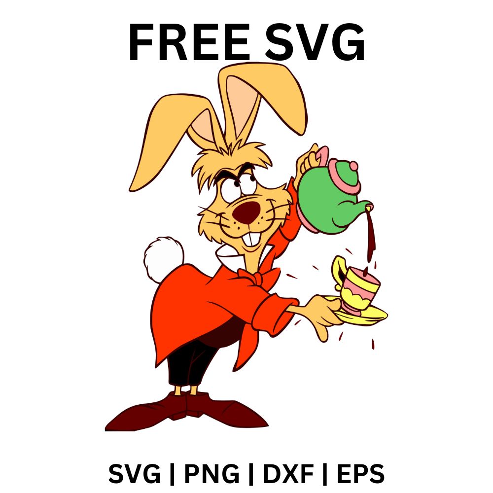 Wild eyed cartoon hare in a red jacket pouring tea from a green teapot into a pink teacup, free tea party hare SVG cut file preview.