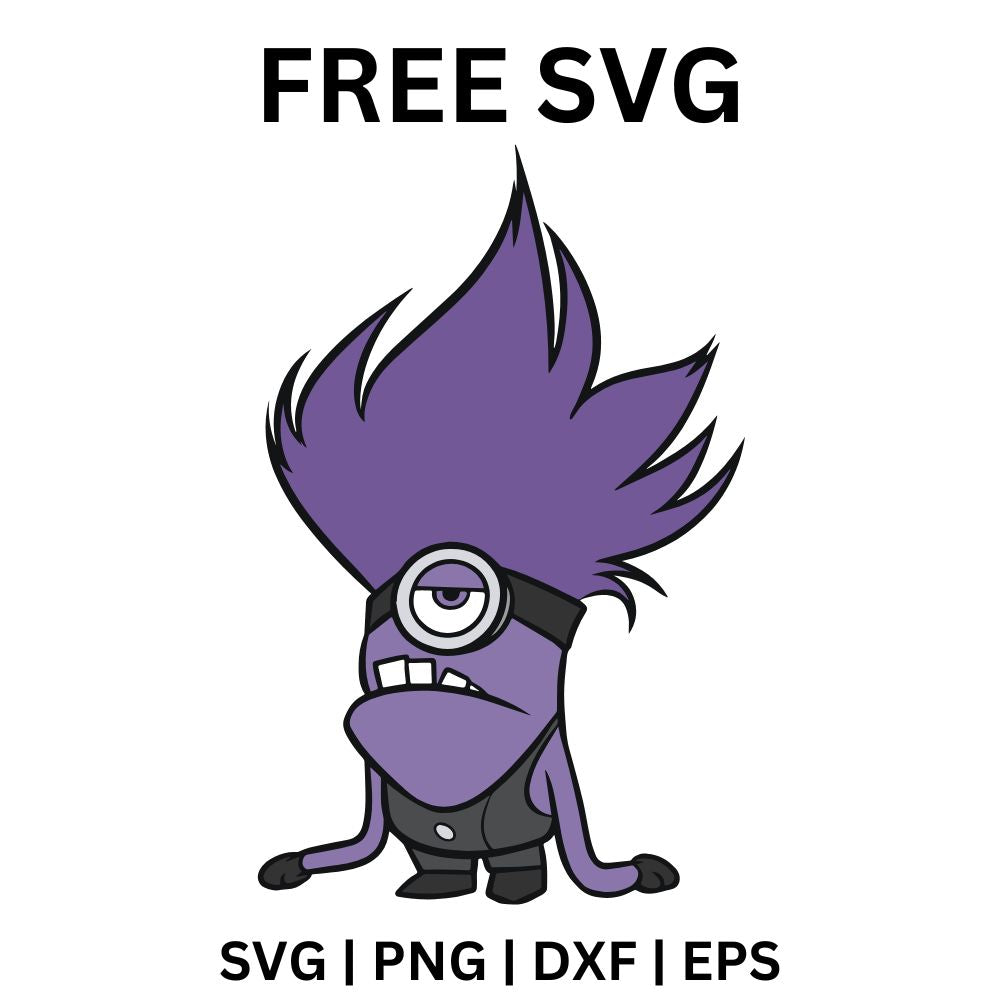 Wild purple goggle monster with spiky purple hair and dark overalls standing with a mischievous grin, free purple monster SVG cut file preview.