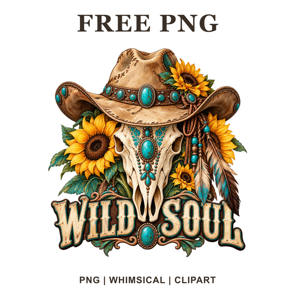 Western cow skull clipart with a cowboy hat, turquoise stones, sunflowers and feathers, free Wild Soul PNG
