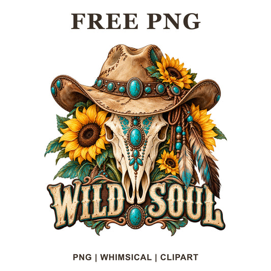 Western cow skull clipart with a cowboy hat, turquoise stones, sunflowers and feathers, free Wild Soul PNG