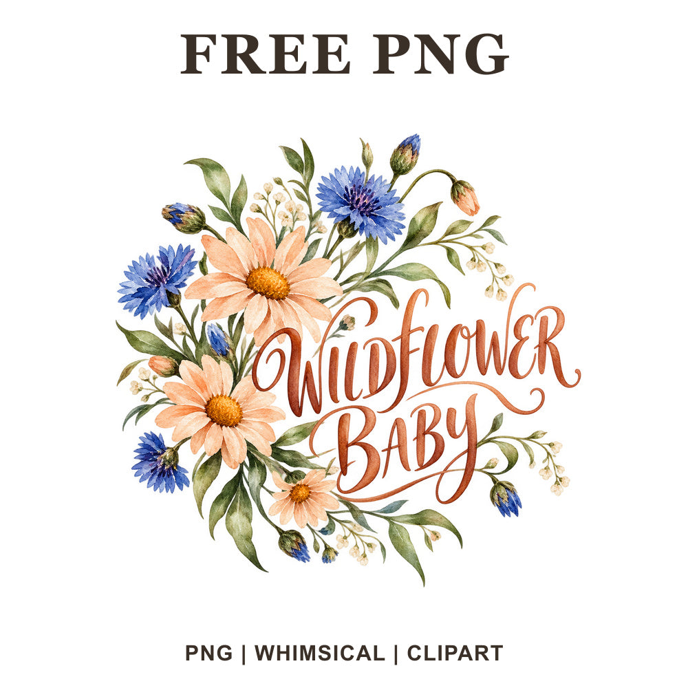 Wildflower Baby terracotta script inside a wreath of peach daisies, blue cornflowers and greenery, free baby onesie PNG clipart preview.