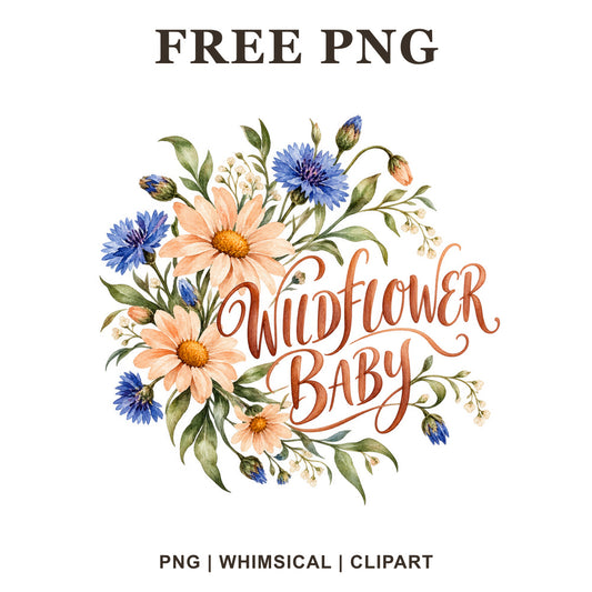 Wildflower Baby terracotta script inside a wreath of peach daisies, blue cornflowers and greenery, free baby onesie PNG clipart preview.
