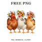 Three hens in a row, brown, white and tan, each wearing a colorful wildflower crown, free farmhouse chicken PNG