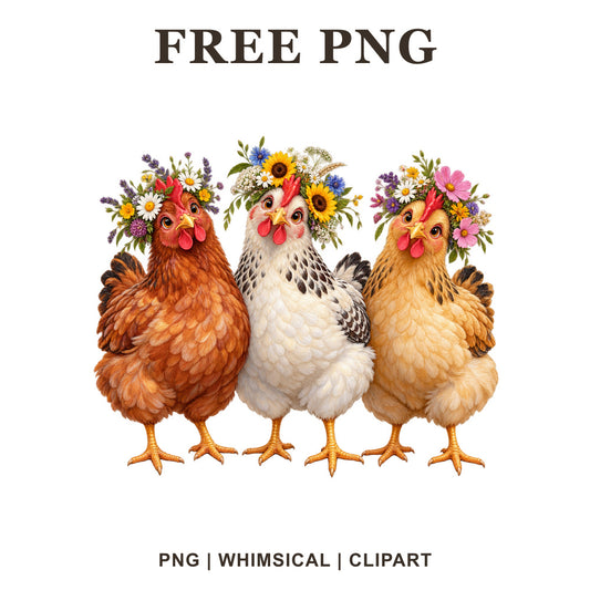 Three hens in a row, brown, white and tan, each wearing a colorful wildflower crown, free farmhouse chicken PNG