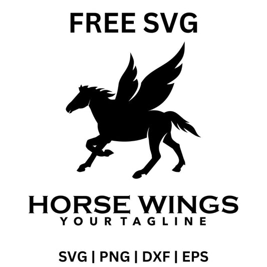 Black galloping winged horse silhouette above HORSE WINGS text and a YOUR TAGLINE line, free winged horse logo SVG cut file preview.