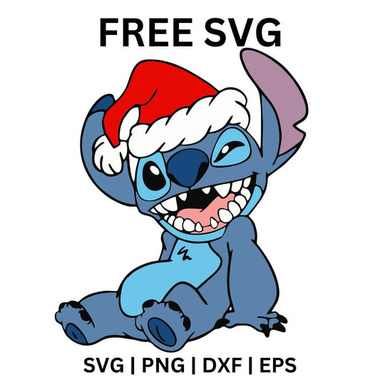 Winking blue alien creature in a red Santa hat sitting down with a big toothy grin, free Christmas alien SVG cut file preview.