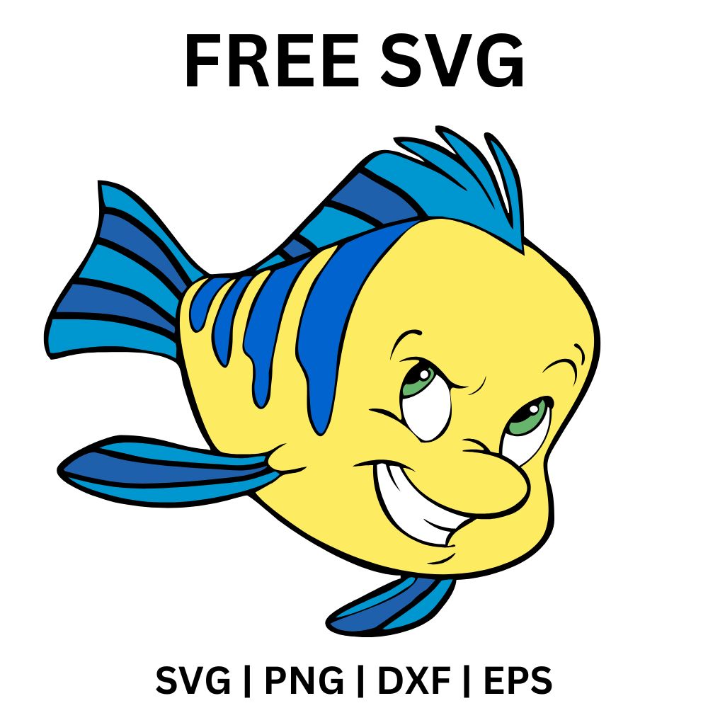 Cheerful yellow cartoon tropical fish with blue stripes and fins giving a playful wink, free tropical fish SVG cut file preview.