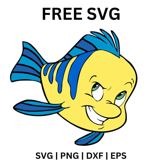 Cheerful yellow cartoon tropical fish with blue stripes and fins giving a playful wink, free tropical fish SVG cut file preview.