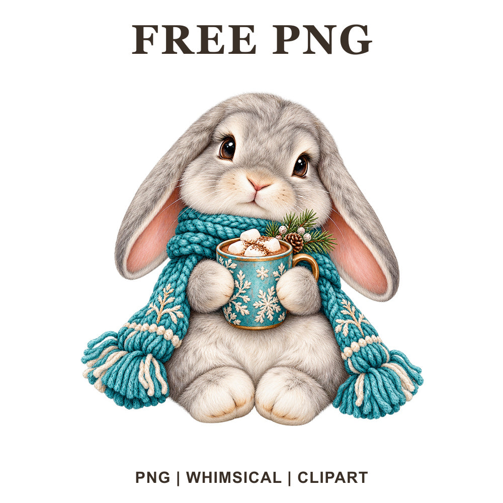 Gray bunny in a teal knit scarf holding a mug of hot cocoa with marshmallows, free winter bunny PNG