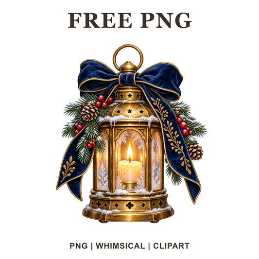 Glowing gold candle lantern with a navy velvet bow, pinecones, red berries and evergreen sprigs, free winter lantern PNG