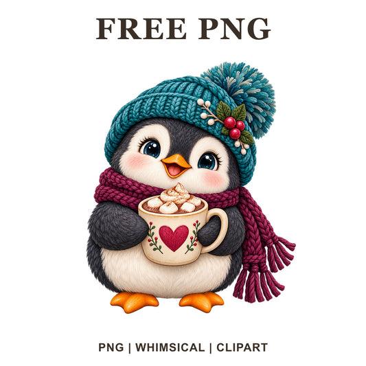 Baby penguin in a teal pom pom beanie and burgundy scarf holding a heart mug of cocoa with marshmallows, free winter penguin PNG