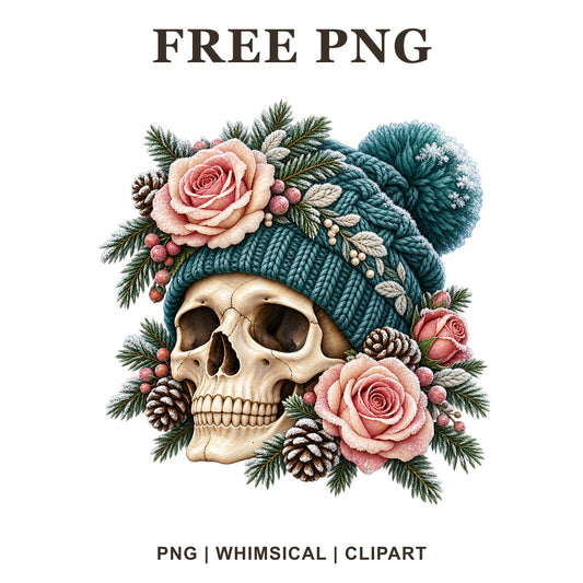 Winter skull clipart wearing a teal knit beanie with pink roses, pinecones and evergreen branches, free PNG