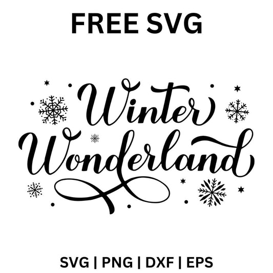 Black calligraphy Winter Wonderland lettering with a long swash underline and scattered snowflakes and dots, free winter wonderland SVG cut file preview.