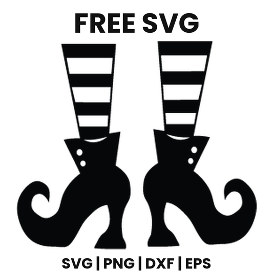 Black pair of witch legs in wide black and white striped stockings and curled toe heeled boots, free Halloween witch SVG cut file preview.