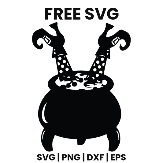 Black silhouette of a bubbling three legged cauldron with a witch's polka dot stockinged legs and curled boots sticking up out of it, free Halloween witch SVG cut file preview.
