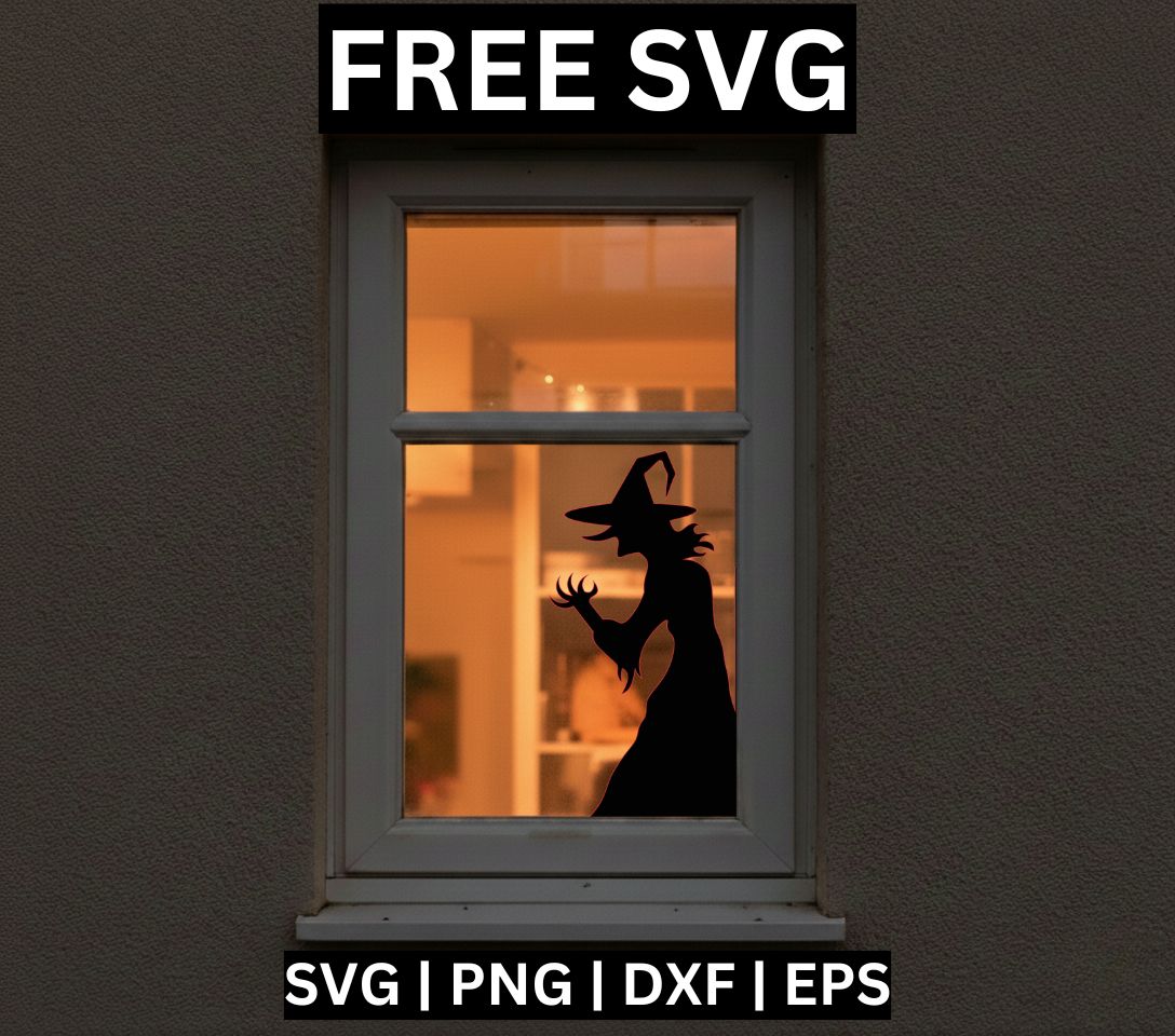 Black witch silhouette in a pointed hat with a hooked nose and bony hands reaching out, shown as a window cling on a warmly lit window, free Halloween window decoration SVG cut file preview.