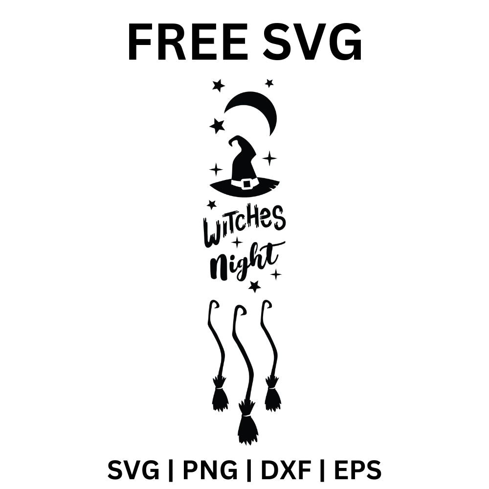 Black vertical Witches Night sign with a crescent moon, stars and a witch hat above script lettering and three hanging broomsticks below, free Halloween porch sign SVG cut file preview.
