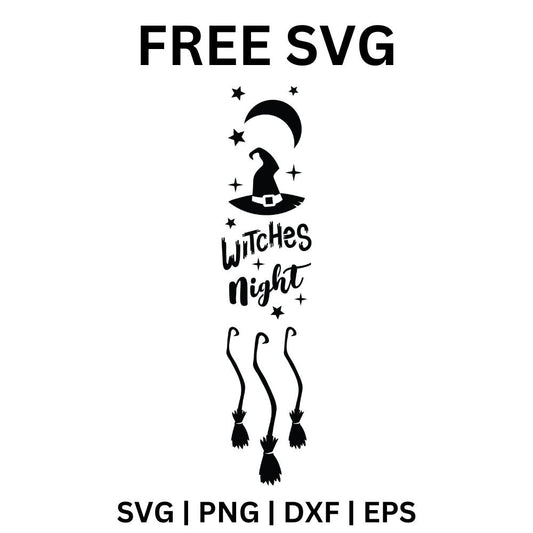 Black vertical Witches Night sign with a crescent moon, stars and a witch hat above script lettering and three hanging broomsticks below, free Halloween porch sign SVG cut file preview.