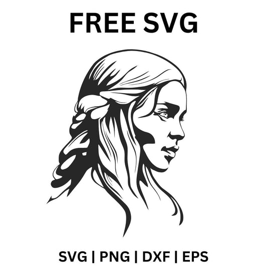 Black stencil style portrait of a woman in three quarter profile with long flowing braided hair, free woman portrait SVG cut file preview.