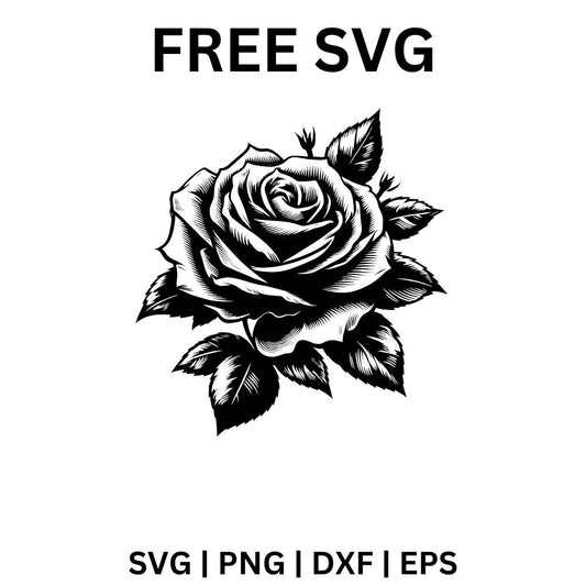 Open rose drawn in bold black woodcut style lines with curled petals and dark leaves around it, free rose silhouette SVG cut file preview.