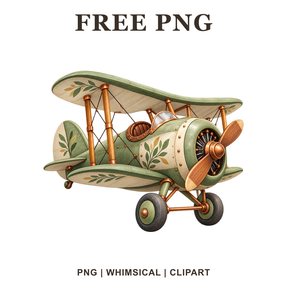 Green airplane with a woodland theme, whimsical airplane PNG clipart.