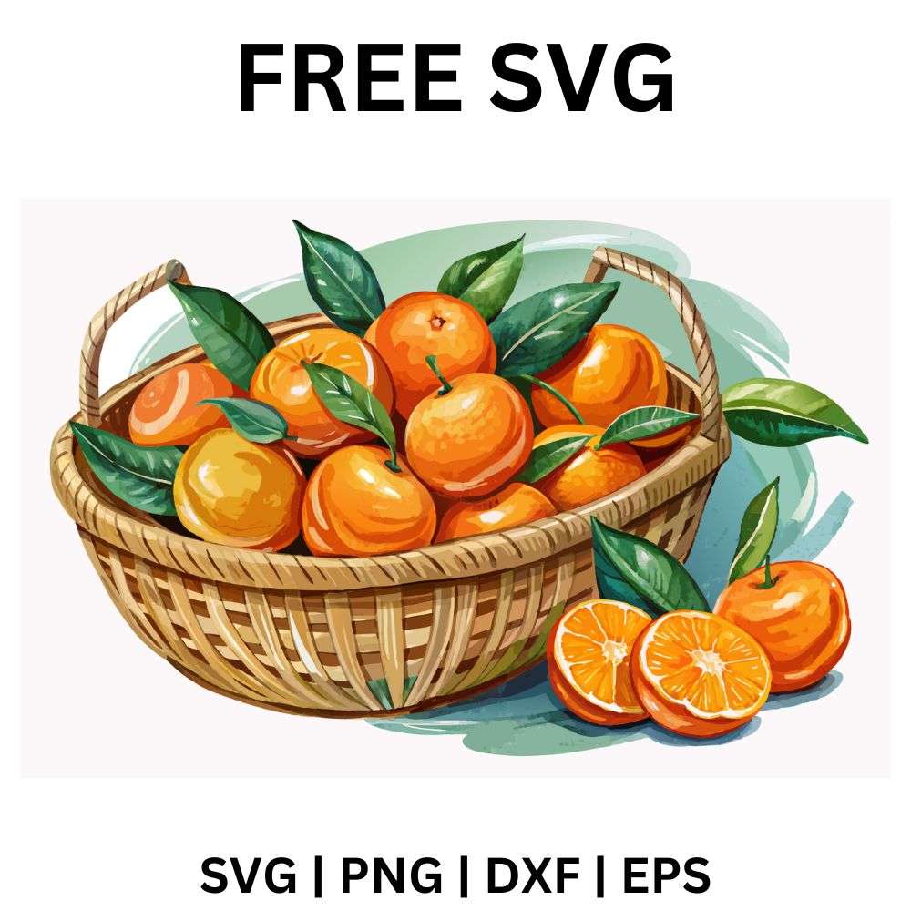 Woven wicker basket overflowing with bright mandarin oranges and green leaves with sliced oranges in front, free orange basket SVG cut file preview.
