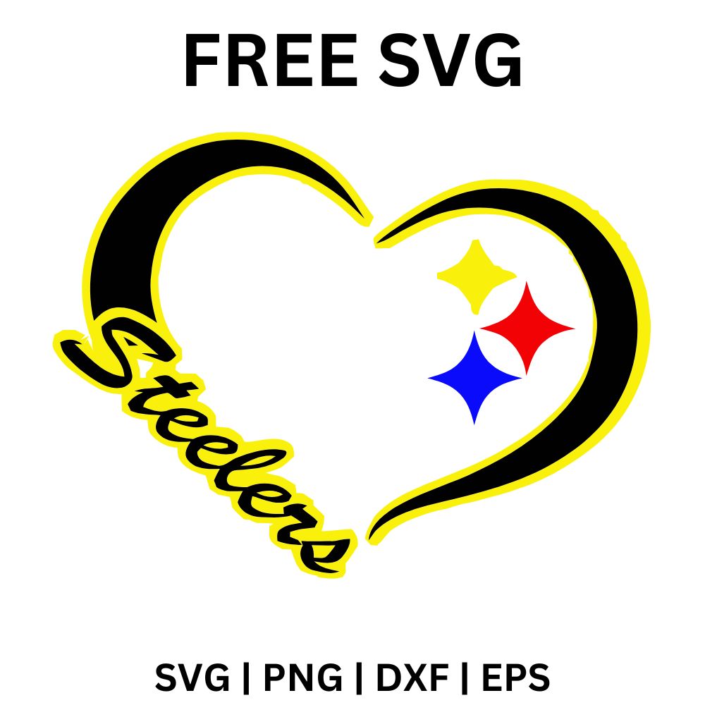 Yellow and black swirled heart with yellow script team word along the left side and three colored four point star shapes inside, free football heart SVG cut file preview.