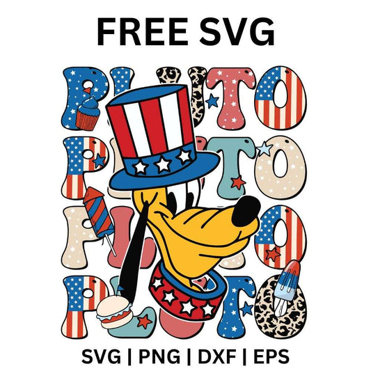 Yellow cartoon dog in a stars and stripes top hat over repeating flag and leopard patterned name letters with fireworks, free patriotic cartoon dog SVG cut file preview.
