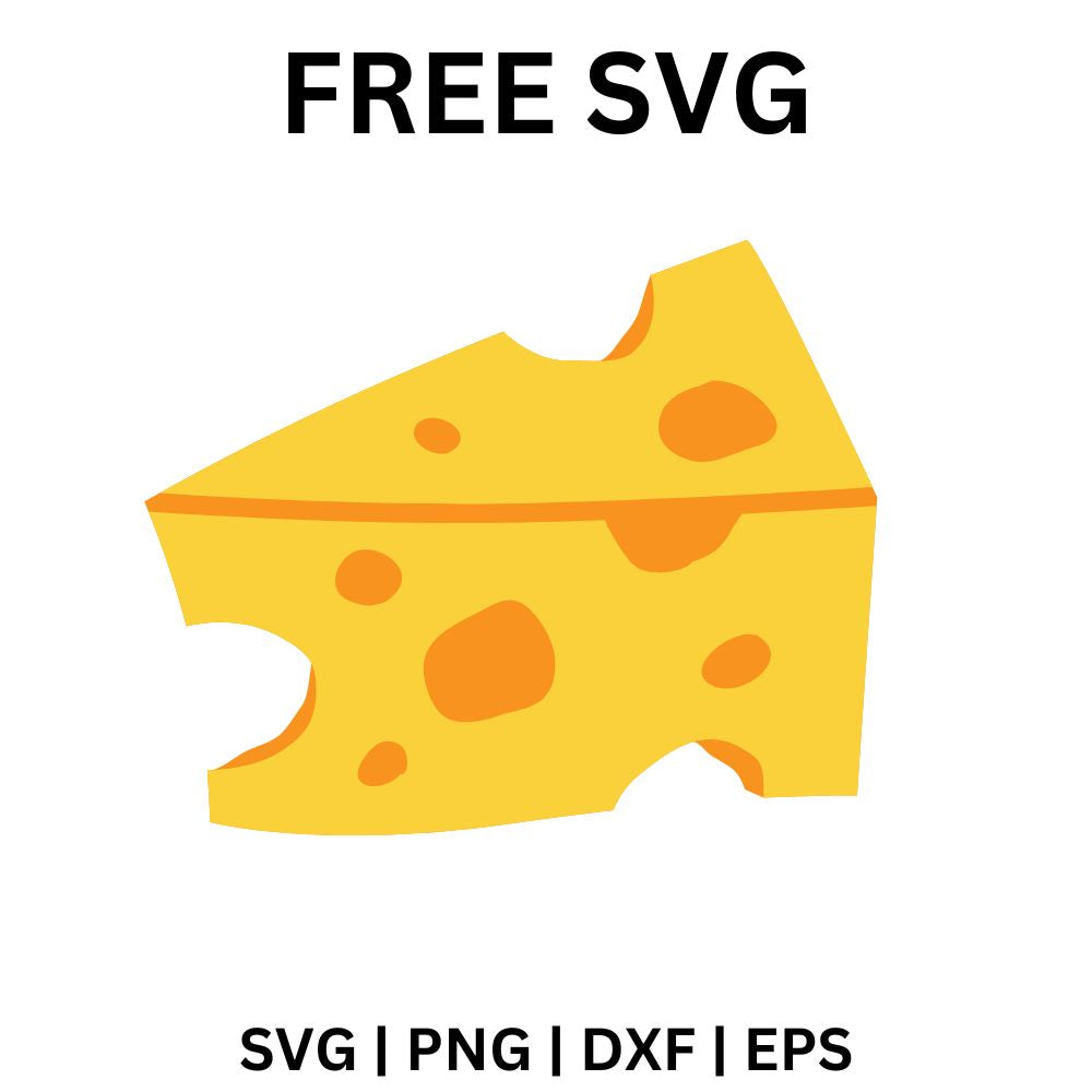 Cartoon yellow cheese wedge with round orange holes and a bitten corner, free cheese wedge SVG cut file preview.