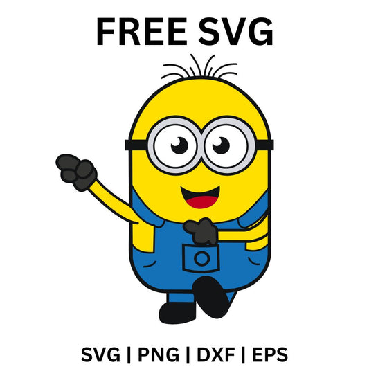 Cheerful little yellow helper with one big goggle eye and blue overalls waving hello with a wide smile, free yellow helper SVG cut file preview.